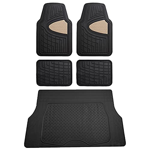 FH Group Premium Liners Tall Channel Trimmable All Weather Rubber Full Set Car Floor Mats (Beige) w. Trimmable All-Season Cargo Liner (Black) - Universal Fit for Cars Trucks and SUVs