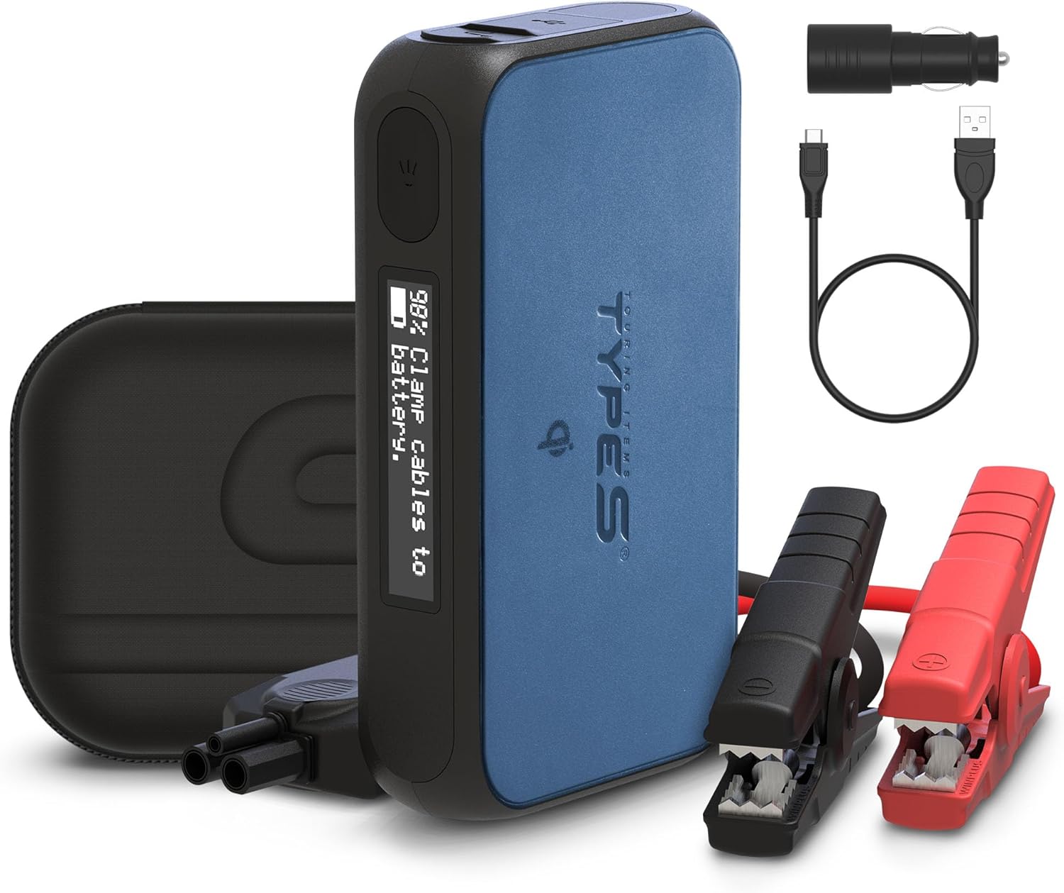 Type S Dynamic D10+ 1000A Car Jump Starter UL Certified 12V Battery Booster for 6L Gas & 3L Diesel, Portable Power Bank, Flashlight, Emergency Jump Box for Cars (Blue, with Qi Charging)
