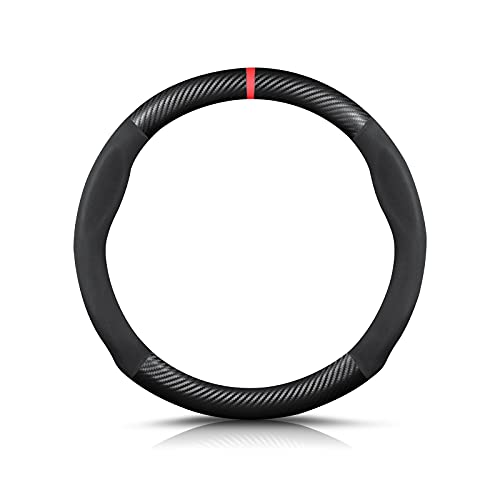 Ergocar Round Shape Carbon Fiber & Microfiber PU Leather Steering Wheel Cover Anti-Slip Car Steering Wheel Protector Breathable Sweat Absorbent Sport for Diameter 38cm(15")-Black Red