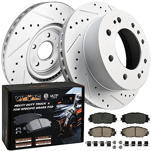 WEIZE Front Truck & Tow Brake Kit for Chevy GMC Silverado 11-19 Sierra 2500 3500 HD, CARBON FIBER Ceramic Brake Pads Drilled & Slotted Disc Brake Rotors 2011 2012 2013 2014 2015 2016 2017 2018 2019