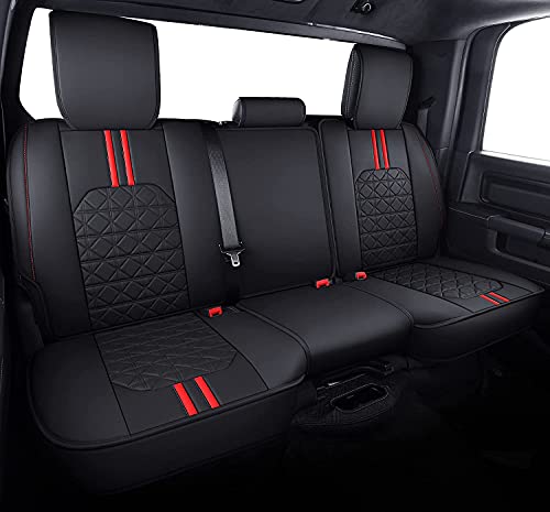 YIERTAI RAM Seat Covers Fit for 2009-2023 2024 1500HD 2010-2024 2500/3500HD Pickup Rear Seat Cover Crew Double Cab Quad Cab Waterproof Faux Leather Seat Covers(1 Rear Seat Cover/Black-Red)