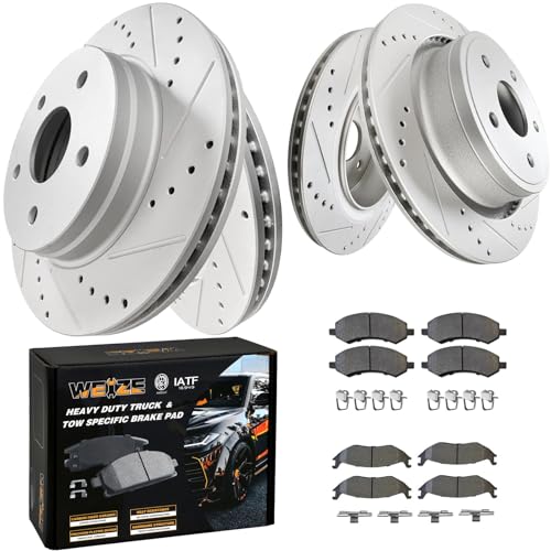 WEIZE Front +Rear Truck & Tow Brake Kit, Carbon Fiber Ceramic Brake Pads & Drilled/Slotted Brake Rotors, Fit for Dodge Ram 1500 & Classic Durango Chrysler Aspen, 5 Lug