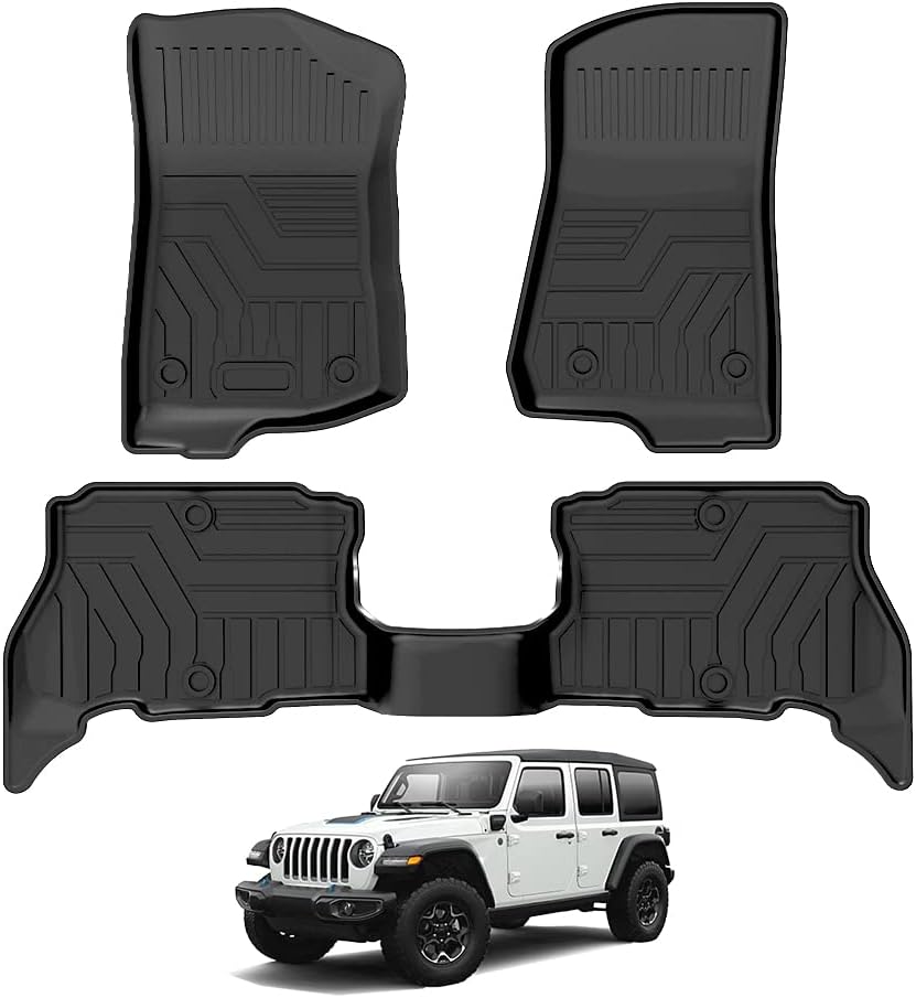 T TGBROS Floor Mats Custom Fit for 2021-2024 Jeep Wrangler 4XE (Not for 2 Door and JL Unlimited Models) Accessories All Weather Protection TPE 2 Rows Floor Liners Set Non-Slip Black