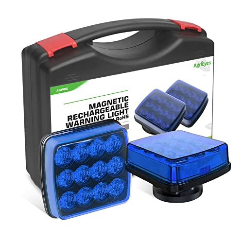 Agrieyes Blue Rechargeable Flashing Lights, Magnetic Strobe Light for Vehicles, Wireless Warning Hazard Beacon Lights for Trucks,
