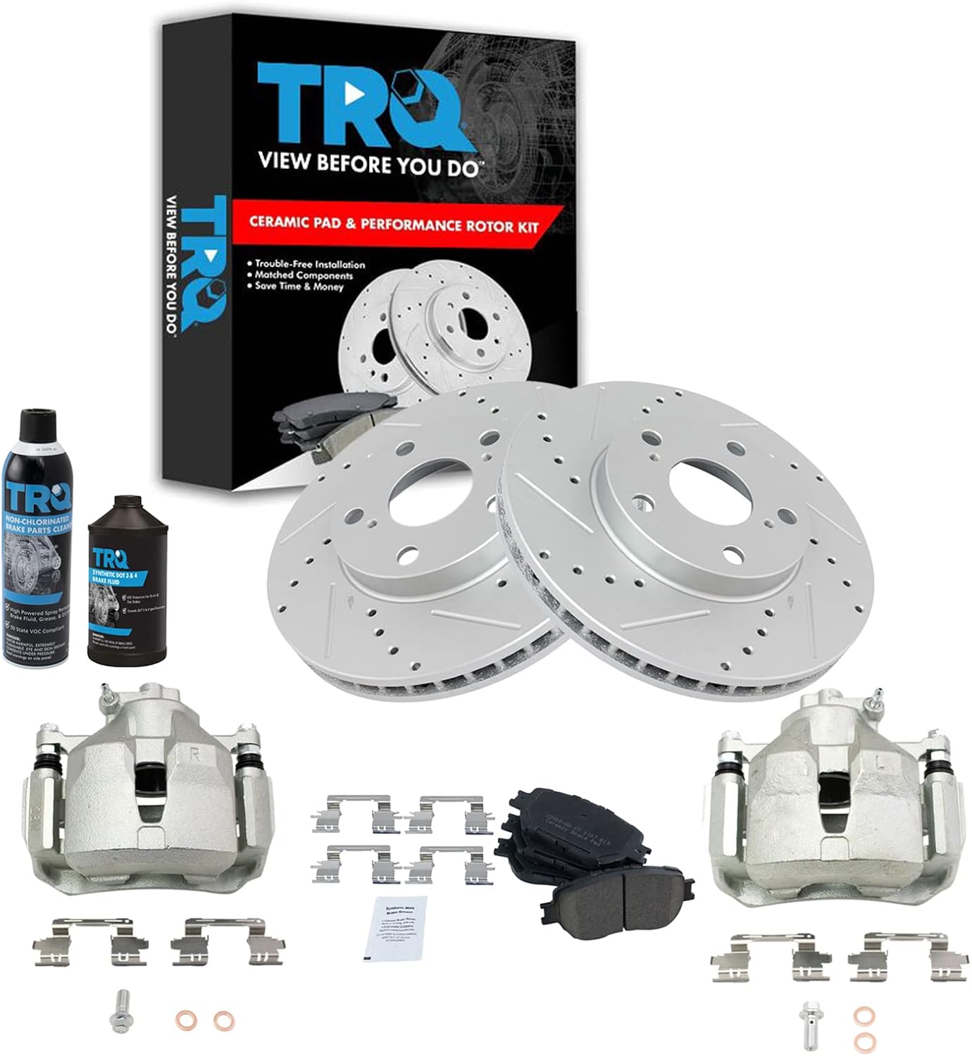 TRQ Front Performance Brake Pad & Rotor Kit Brake Caliper Brake Chemical Kit Brake Pads Brake Rotors Set Ceramic Premium G-Coated Compatible with 2002-2006 Toyota Camry