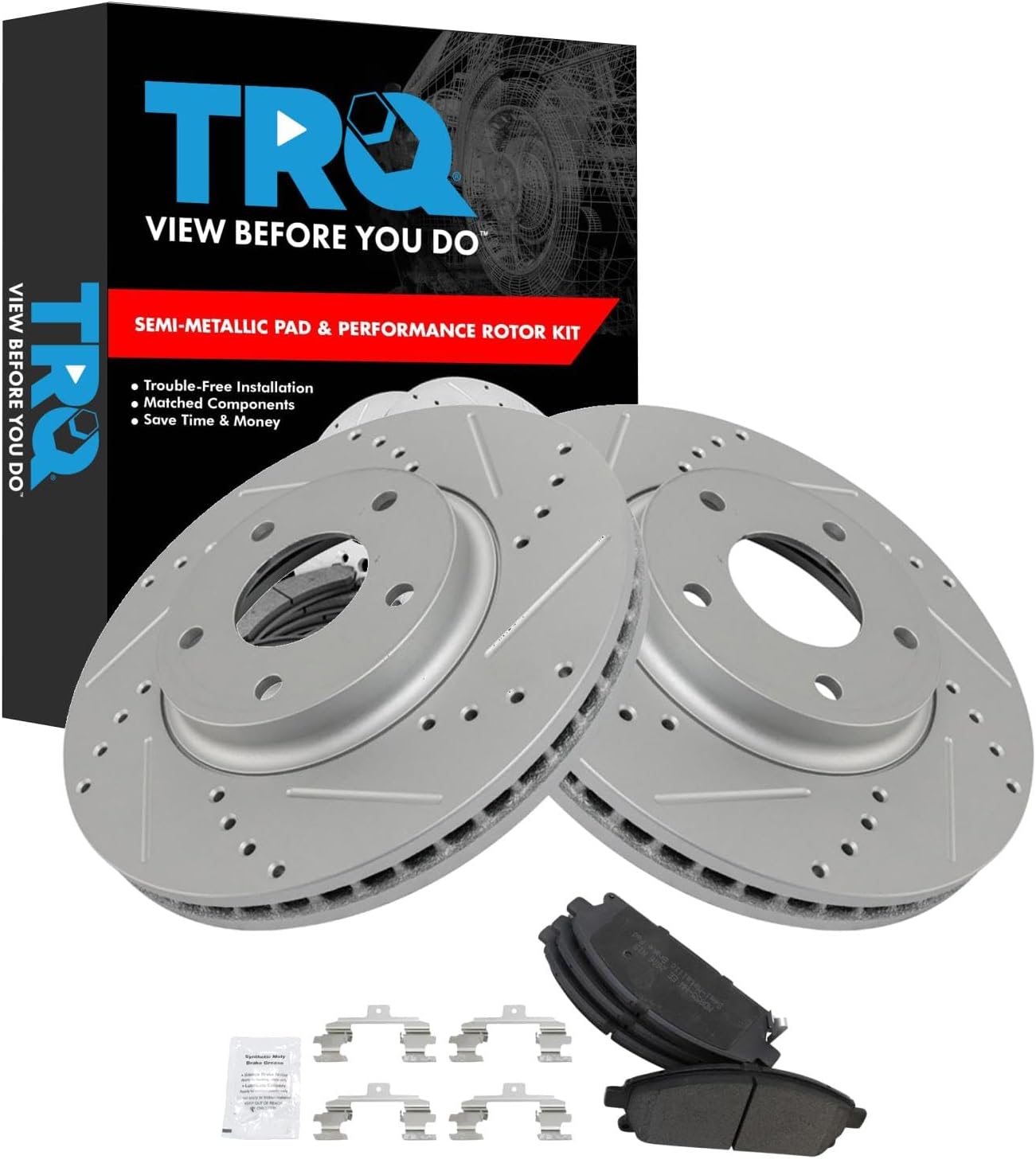 TRQ Front Performance Brake Pad & Rotor Kit Brake Pads Brake Rotors Set Semi-Metallic Premium G-Coated Compatible with 2004-2009 Nissan Quest