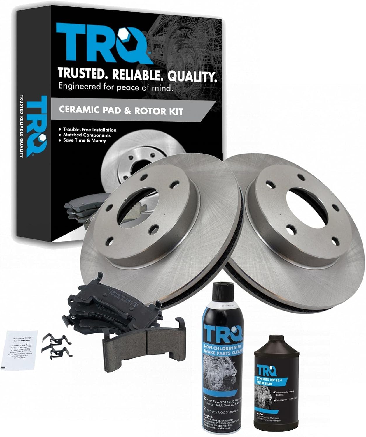 TRQ Rotor Brake Pad Ceramic Front or Rear Kit w/Fluids Compatible with Buick Cadillac Chevy
