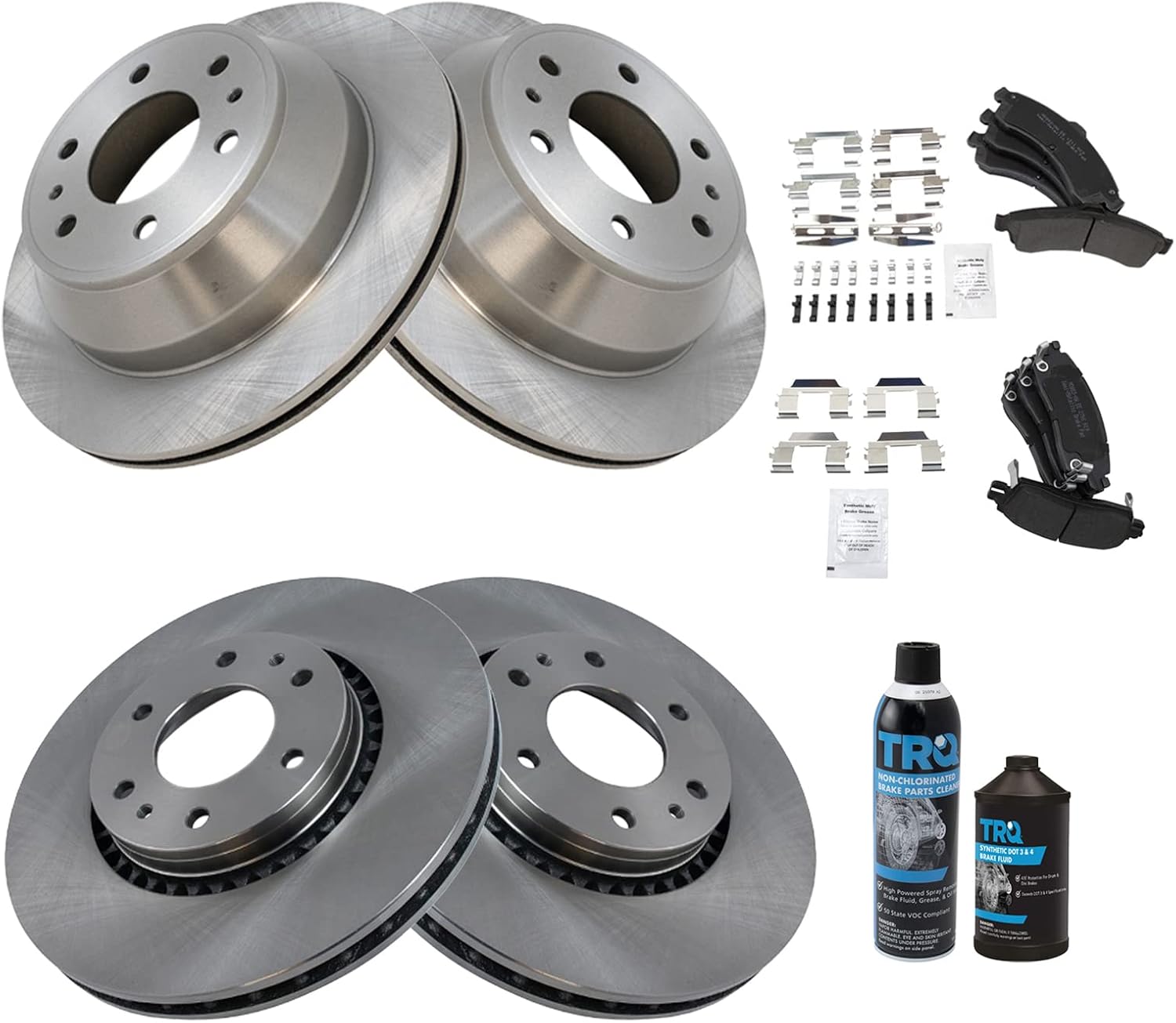 TRQ Semi-Metallic Brake Pad & Rotor Front & Rear Kit w/Fluids Compatible with GM SUV Truck