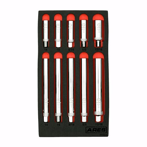 ARES 11033-10-Piece Extra Deep and Standard Length Magnetic Spark Plug Socket Set  3/8-Inch Drive Spark Plug Sockets - 2.5-Inch and 6-Inch Length 6-Point and 12-Point Sockets  Foam Storage Tray