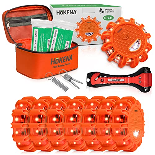 14 Piece Set - LED Road Flares Emergency & Car Safety Kit - Roadside Warning Beacon Disc for Vehicle & Boat with Batteries Included, Thermal Blankets, Bonus Seatbelt Cutter & Window Breaker
