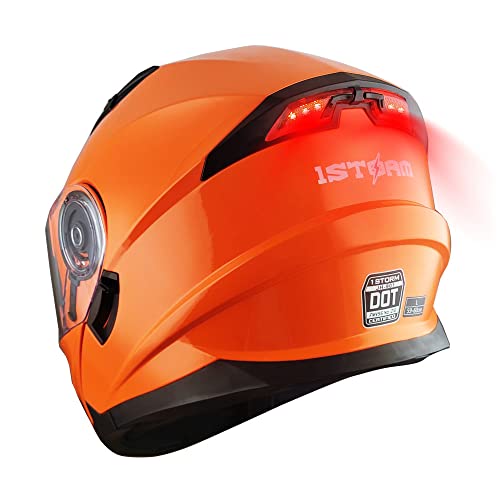 1Storm New Motorcycle Bike Modular Full Face Helmet Dual Visor Sun Shield with Rechargeable LED Tail Light: Glossy Orange