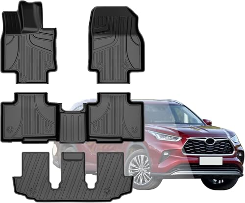 AOMSAZTO Floor Mats for 2020-2025 Toyota Highlander (7 Seats Only): Heavy Duty TPE All Weather Protection Car Floor Mats - 3 Rows Full Set Rubber Highlander Toyota Floor Mats - Anti Skid Car Mats