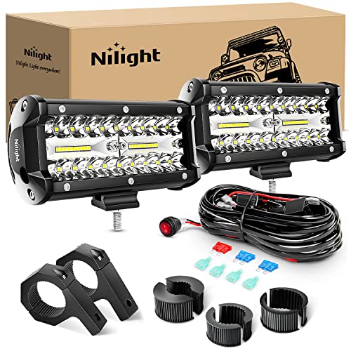 Nilight 6.5Inch 2PCS 120W Spot Flood Combo Bar Driving Waterproof Off Road Led Light with Mounting Bracket Kit Wiring Harness-2 Leads, 2 Years Warranty