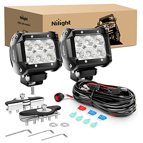 Nilight 2PCS 4Inch 18W Flood LED Pods Universal Adjustable Pillar Hood Off Road Led Work Light with Mount Bracket Wiring Harness-2 Leads, 2 Years Warranty