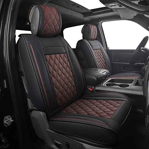 JOJOBAY Car Seat Covers for Dodge Ram,Fit 2009-2025 1500/2500/3500 HD Pick-up Truck,Crew,Regular,Quad,Mega Cab,Waterproof Synthetic Leather Seat Covers(2PCS-Front,Black-Brown)