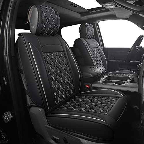 JOJOBAY Car Seat Covers for Dodge Ram,Fit 2009-2025 1500/2500/3500 HD Pick-up Truck,Crew,Regular,Quad,Mega Cab,Waterproof Synthetic Leather Seat Covers(2PCS-Front,Black-White)