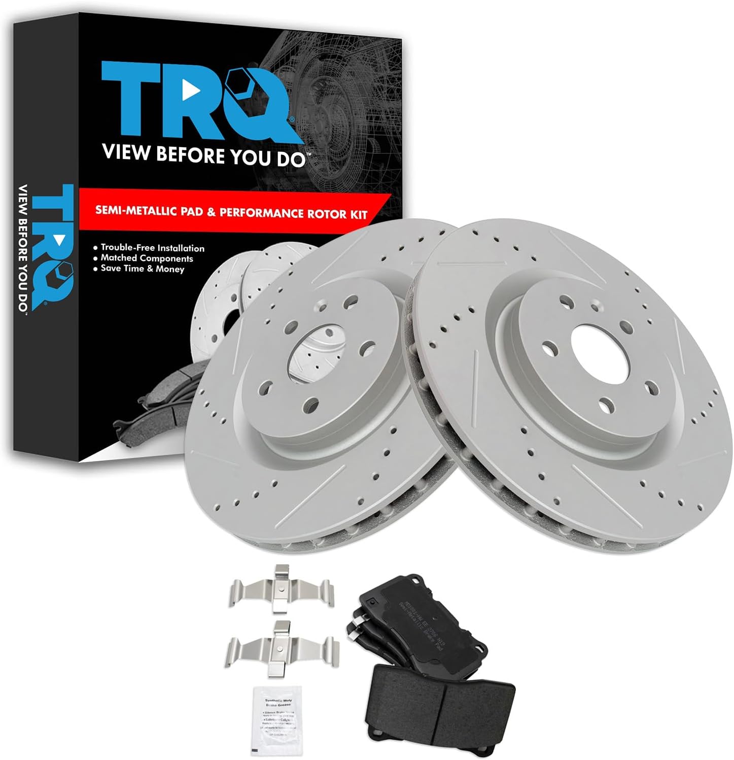 TRQ Front Performance Brake Pad & Rotor Kit Brake Pads Brake Rotors Set Semi-Metallic Premium G-Coated Compatible with 2012-2013 Buick Regal 2009 Pontiac G8