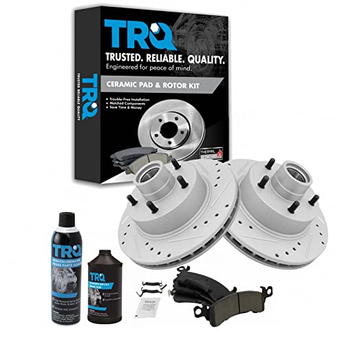 TRQ Front Brake Pad & Rotor Kit Premium G-Coated Slotted X Drilled Ceramic Compatible with 73-78 Buick 76 Cadillac 70-78 Chevrolet 71-74 GMC Oldsmobile Pontiac