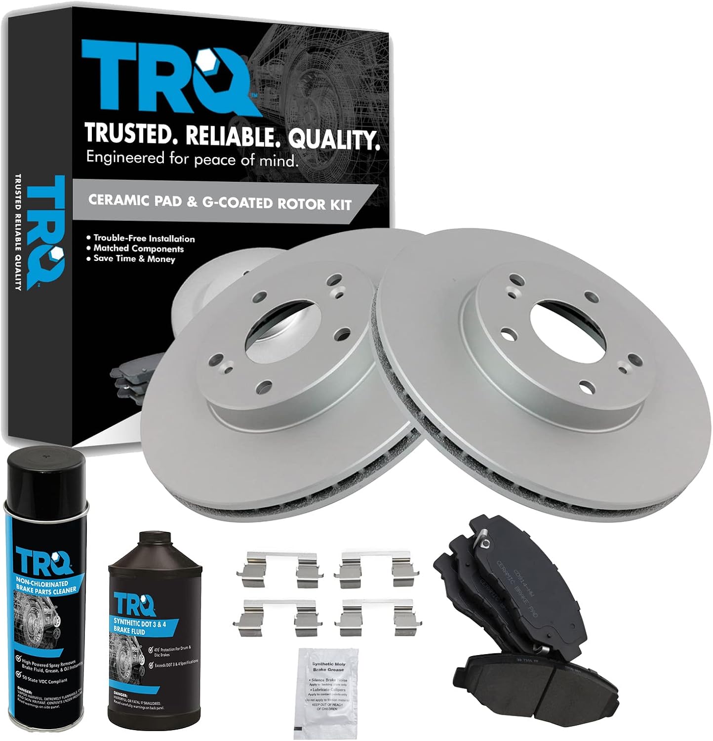 TRQ Front Ceramic Brake Pad & Coated Rotor Kit w/Fluids Compatible with Honda Accord Civic