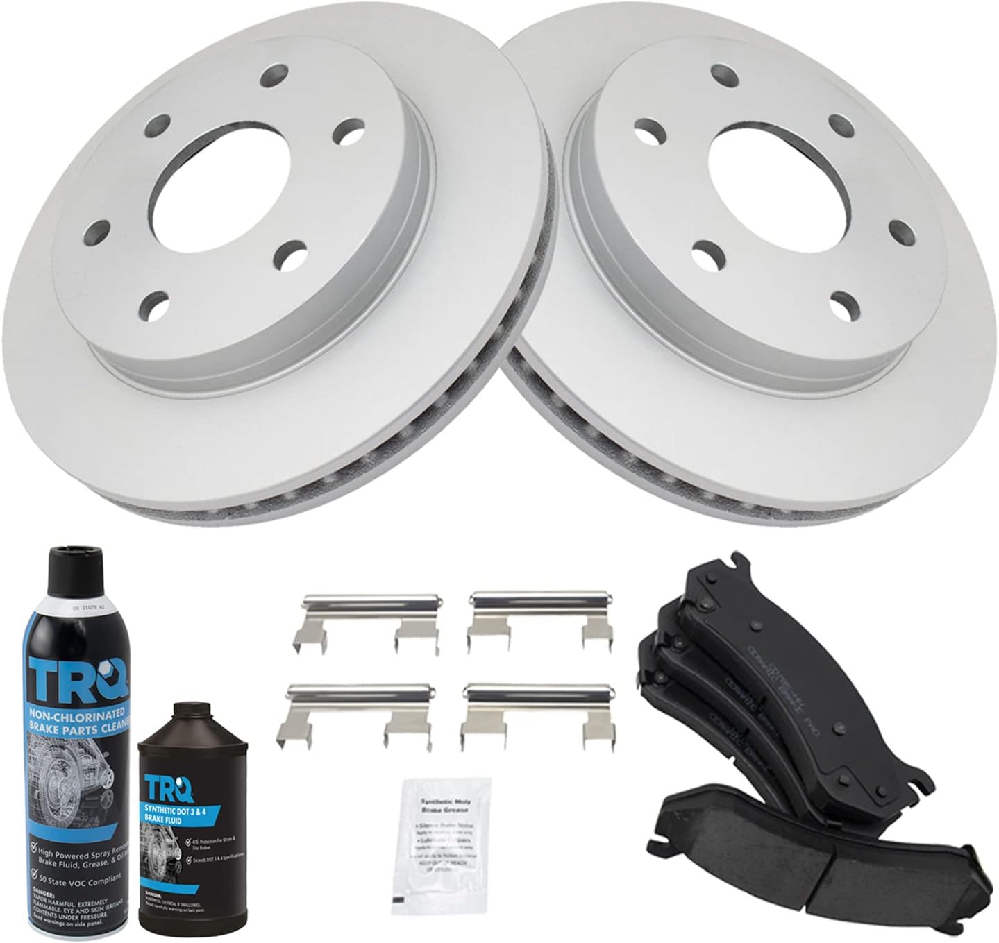 TRQ Front Premium Ceramic Brake Pad & Coated Rotor Kit w/Chemicals Compatible with GM Truck