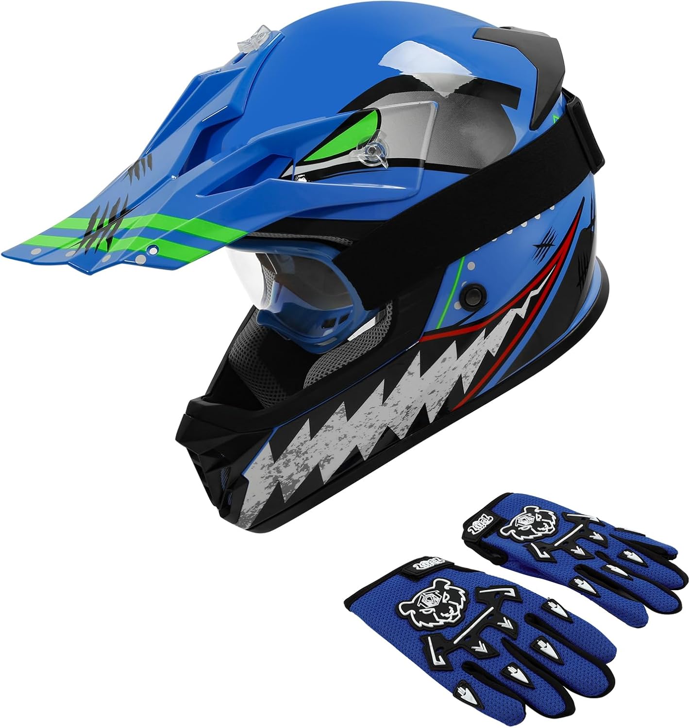 XFMT DOT Youth Kids Motocross Offroad Street Dirt Bike Helmet Goggles Gloves ATV Mx Helmet, Blue Shark