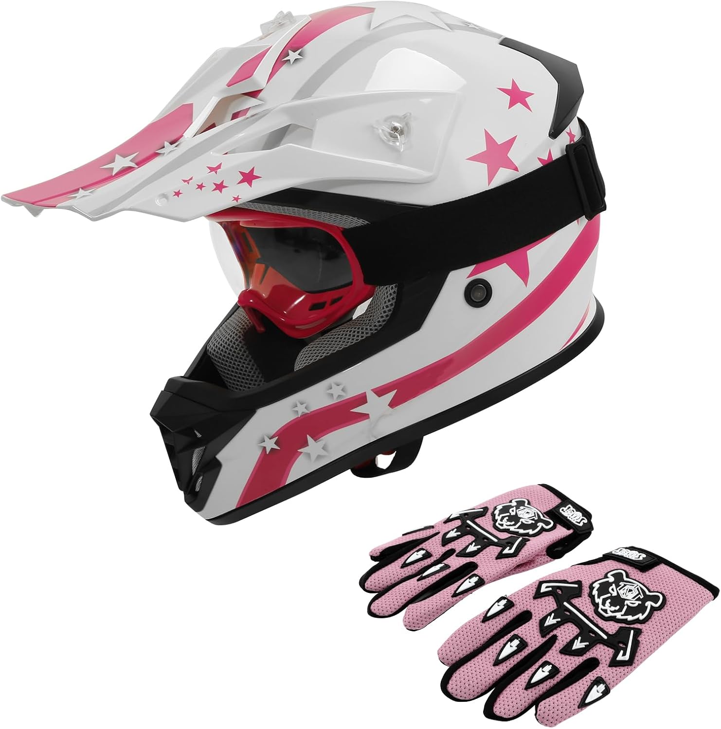 XFMT DOT Youth Kids Motocross Offroad Street Dirt Bike Helmet Goggles Gloves ATV Mx Helmet, Pink Star
