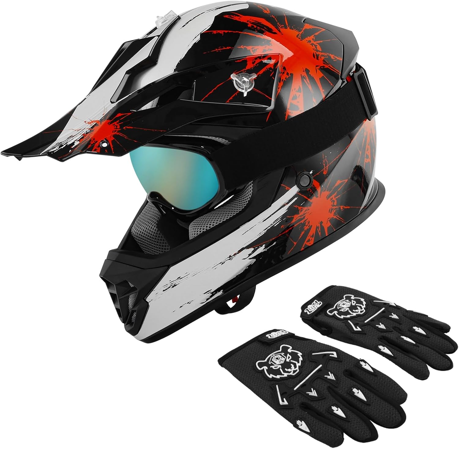 XFMT DOT Youth Kids Motocross Offroad Street Dirt Bike Helmet, Black Red Firework