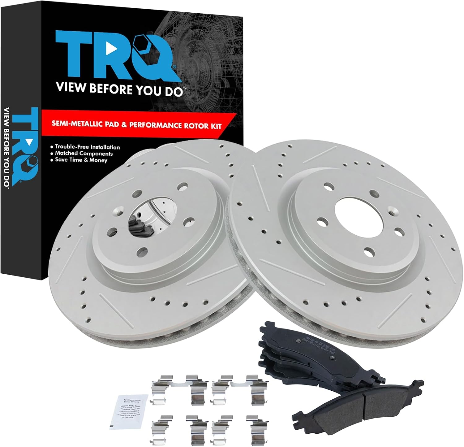 TRQ Front Performance Brake Pad & Rotor Kit Brake Pads Brake Rotors Set Semi-Metallic Premium G-Coated Compatible with 2010-2012 Ford Taurus