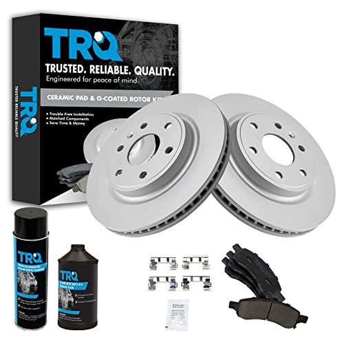 TRQ Coated Rotor & Premium Ceramic Brake Pad Front Kit w/Fluids Compatible with Chevy