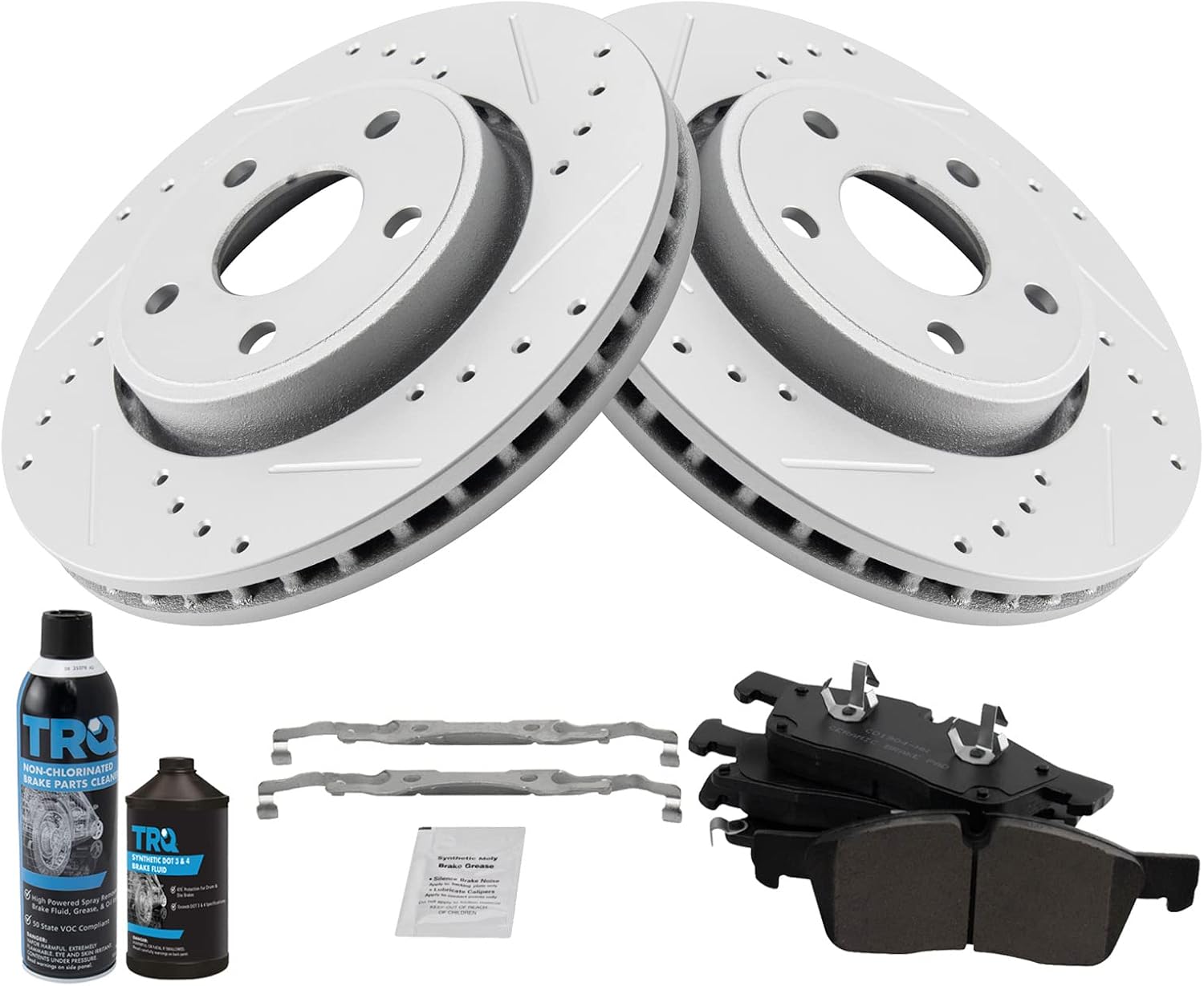 TRQ Front Performance Brake Pad & Rotor Kit Brake Chemical Kit Brake Pads Brake Rotors Set Ceramic Vented Premium G-Coated Compatible with 2012-2020 Dodge Durango Jeep Grand Cherokee