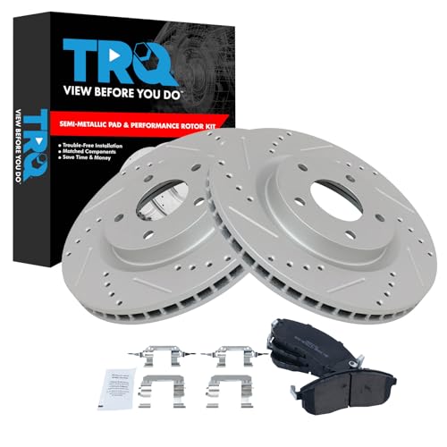 TRQ Front Performance Brake Pad & Rotor Kit Brake Pads Brake Rotors Set Semi-Metallic Premium G-Coated Compatible with 2007-2012 Nissan Sentra