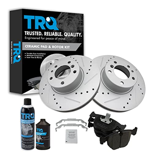 TRQ Front Performance Brake Pad & Rotor Kit Brake Chemical Kit Brake Pads Brake Rotors Set Ceramic Premium G-Coated Compatible with 1997-2000 BMW 540i 1995-2001 740i 740iL