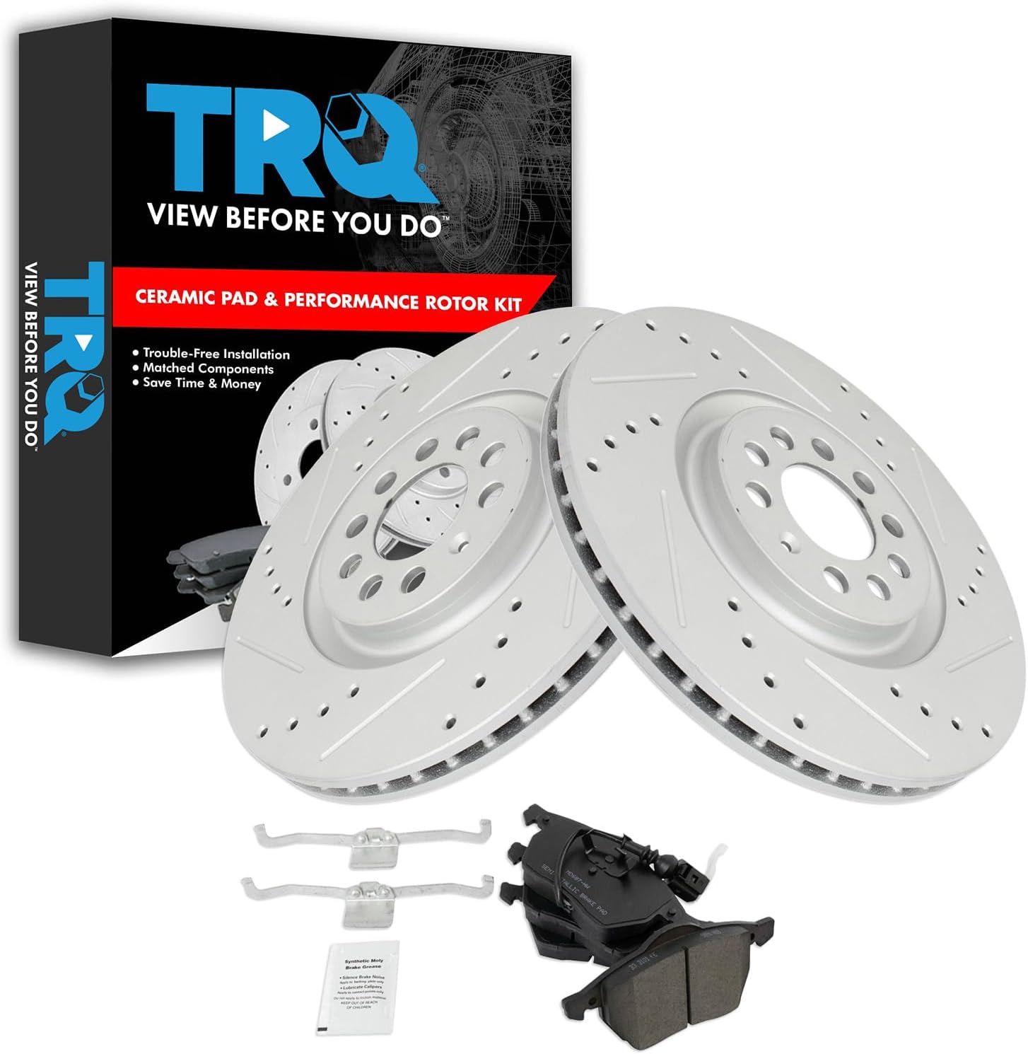 TRQ Front Performance Brake Pad & Rotor Kit Brake Pads Brake Rotors Set Semi-Metallic Premium G-Coated Compatible with 2000-2006 Audi TT TT Quattro 2000-2003 Volkswagen Golf 2004-2005 Jetta