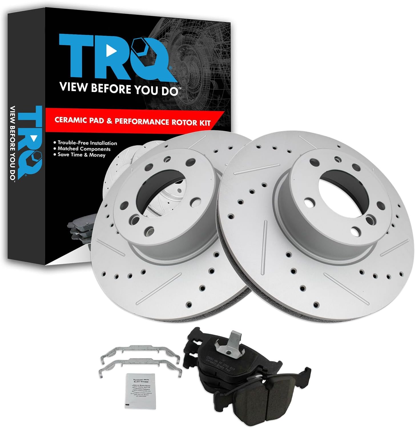 TRQ Front Performance Brake Pad & Rotor Kit Brake Pads Brake Rotors Set Ceramic Premium G-Coated Compatible with 1997-2000 BMW 540i 1995-2001 740i 740iL