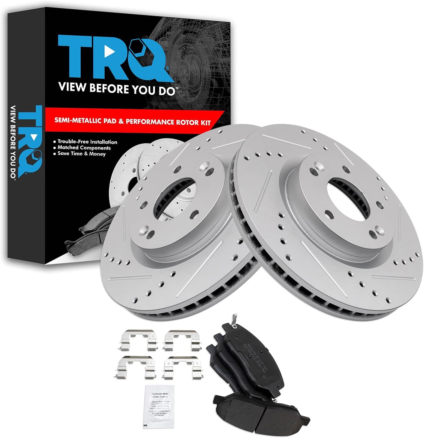 TRQ Front Performance Brake Pad & Rotor Kit Brake Pads Brake Rotors Set Semi-Metallic Premium G-Coated Compatible with 2007-2009 Hyundai Santa Fe