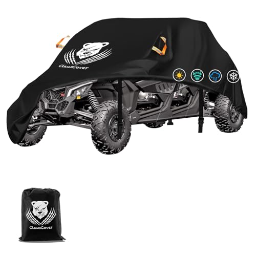 UTV Cover 4-6 Seater Waterproof,Heavy Duty Tearproof Anti-UV Polyster Cloth,Outdoor Side by Side Storage Covers Fit for Can-Am Polaris RZR Kawasaki Yamaha Honda,with Reflective Strips-ClawsCover