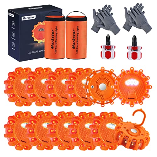 12 Pack of LED Road Flares Waterproof Road Emergency Lights Beacon Kit For Cars Truck Boats With Hook, Amber LED Flares Warning Roadside Lights Disc (Battery Not Included)