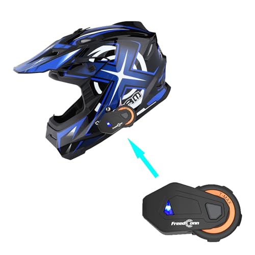 1Storm Adult Motocross Helmet BMX MX ATV Dirt Bike Helmet Racing Style HF801 + Motorcycle Bluetooth Headset: Sonic Blue