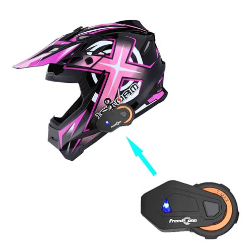 1Storm Adult Motocross Helmet BMX MX ATV Dirt Bike Helmet Racing Style HF801 + Motorcycle Bluetooth Headset: Sonic Pink