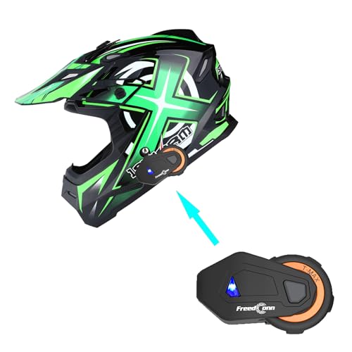 1Storm Adult Motocross Helmet BMX MX ATV Dirt Bike Helmet Racing Style HF801 + Motorcycle Bluetooth Headset: Sonic Green