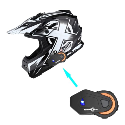 1Storm Adult Motocross Helmet BMX MX ATV Dirt Bike Helmet Racing Style HF801 + Motorcycle Bluetooth Headset: Sonic White