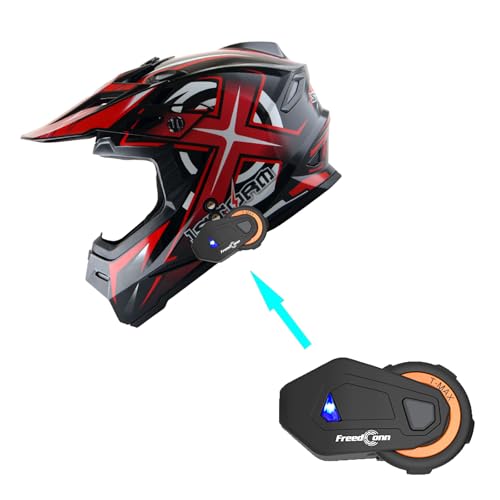 1Storm Adult Motocross Helmet BMX MX ATV Dirt Bike Helmet Racing Style HF801 + Motorcycle Bluetooth Headset: Sonic Red