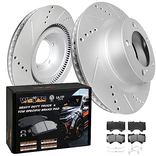 WEIZE Front Truck Tow Brake Kit, CARBON FIBER Ceramic Brake Pads + Drilled Slotted Brake Rotors, Fit for Toyota Tundra 2007-2021 / Toyota Sequoia Land Cruiser Lexus LX570