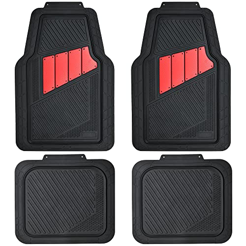 CAR PASS Heavy Duty Rubber Floor Mats 4-Piece Car Mat Set - Universal Waterproof Carbon Fiber Floor Mats for Car SUV Truck, Durable All-Weather Mats(Black and Red)