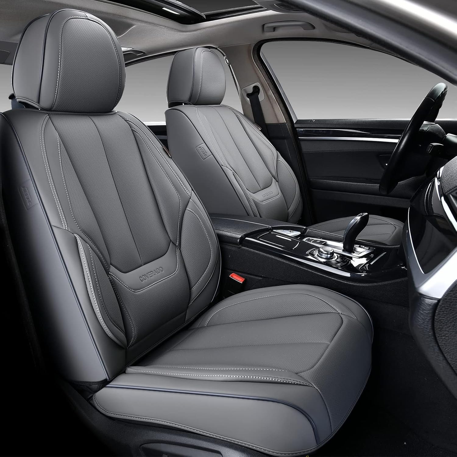 Coverado Car Seat Covers Full Set, Seat Covers for Cars, Gray Car Seat Protector Waterproof, Nappa Leather Car Seat Cushion, Car Seat Covers Front Seats and Back Fit for Most Cars