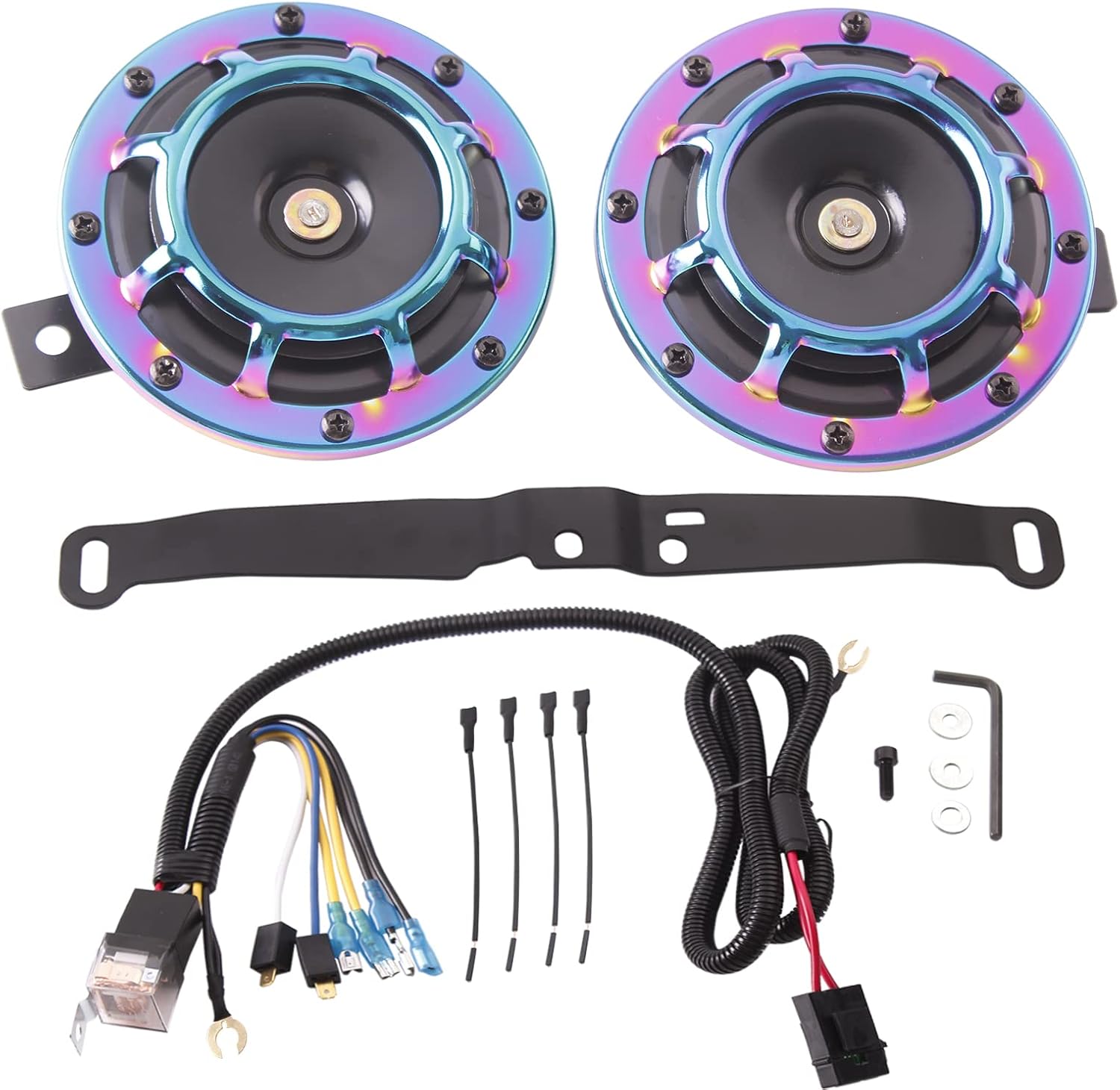 FARBIN Waterproof Car Horn Loud Super tone High Tone/Low Tone Metal Twin Horns Kit with Protective Grill (colour horn with harness and bracket)