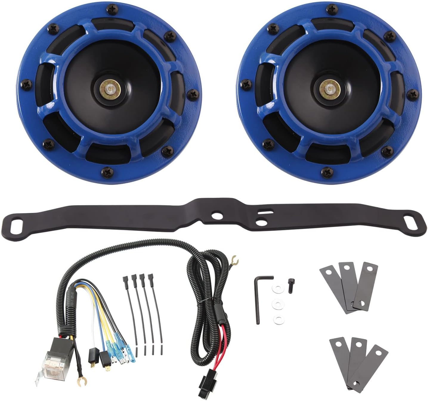 FARBIN Waterproof Car Horn Loud Super tone High Tone/Low Tone Metal Twin Horns Kit with Protective Grill (blue horn with harness and bracket)