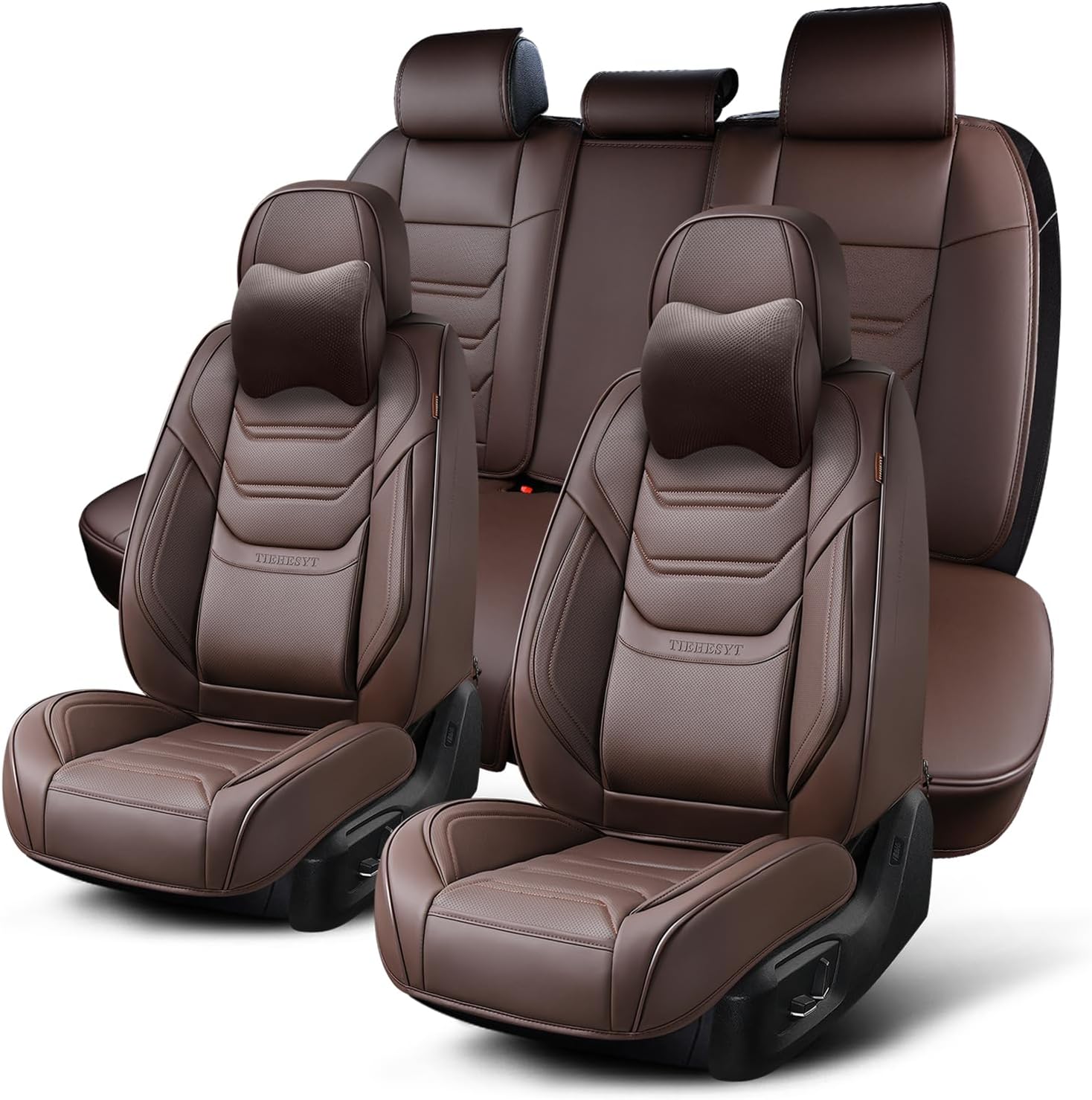 Coffee Car Seat Covers Full Set, Breathable Leather Automotive Front and Rear Seat Covers with Headrest, Car Seat Protectors Full Set, Compatible with Most Vehicles, SUV