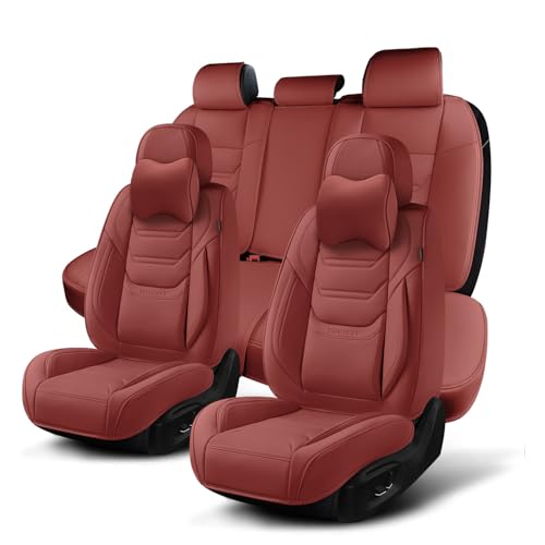 Wine Red Car Seat Covers Full Set, Breathable Leather Automotive Front and Rear Seat Covers & Headrest for Comfortable Driving, Universal Auto Interior Fit for Most Kinds of Vehicles, Cars
