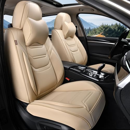 Leather Seat Covers Front Pair with Lumbar Support and Headrest, Breathable and Waterproof Car Seat Cover, Universal Seat Covers for Cars, Trucks, SUVs, Airbag Compatible, Beige